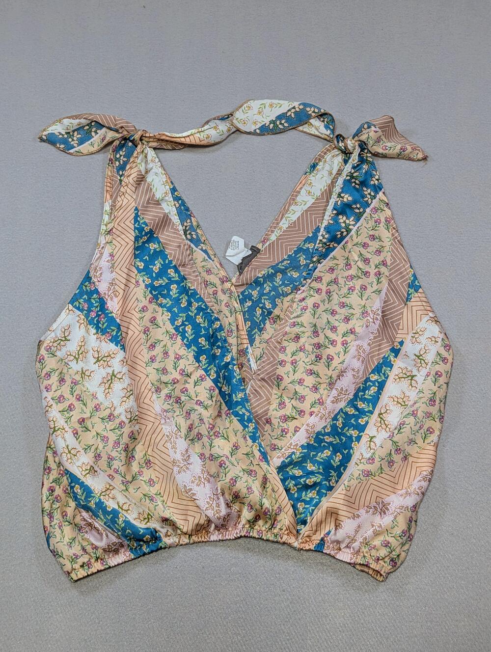 Sans Souci Patchwork Tank Top Large Satin Floral Crop Hippie Boho Festival